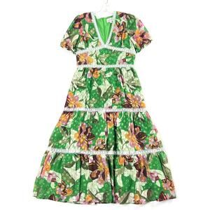 Adelyn Rae Lian Jacquard Printed Midi Dress Tiered Puff Sleeve Green Womens L